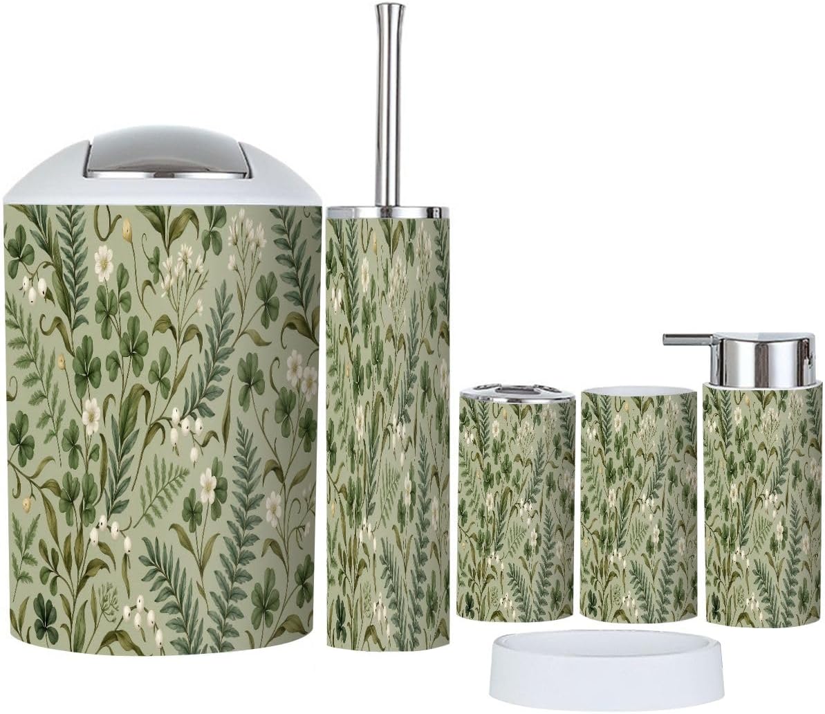 Boho Bathroom Accessory Set 6 Piece White Flowers Fern Leaves