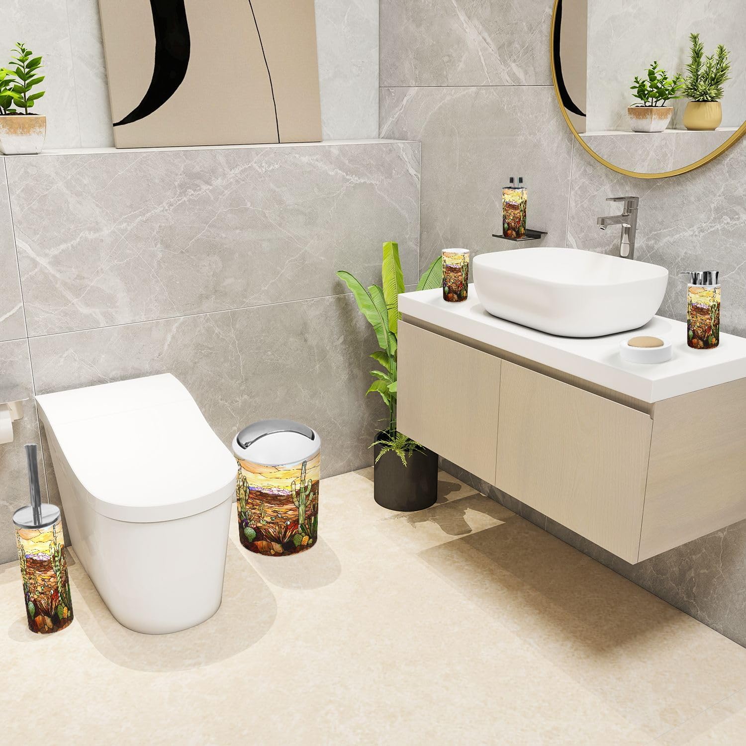 6 Piece Bathroom Accessories Set with Desert Cacti Stained Glass Design