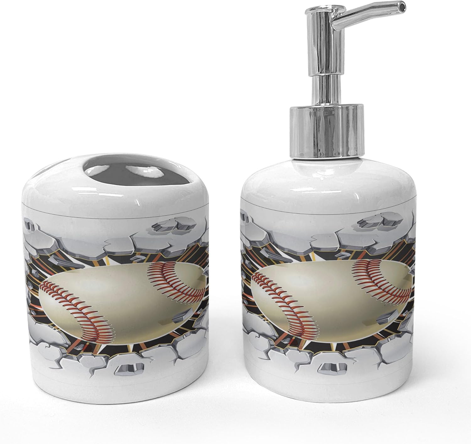 Ambesonne 2Pc Ceramic Soap Dispenser Toothbrush Holder Set Ivory Pale Grey Orange
