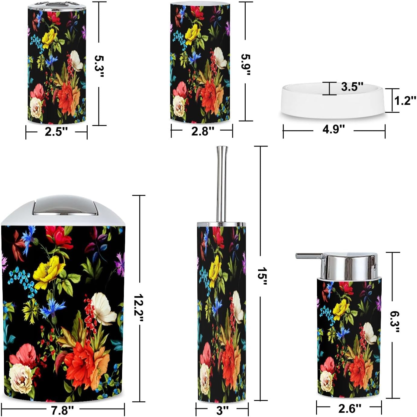 6 Piece Boho Bathroom Accessories Set with Flowers