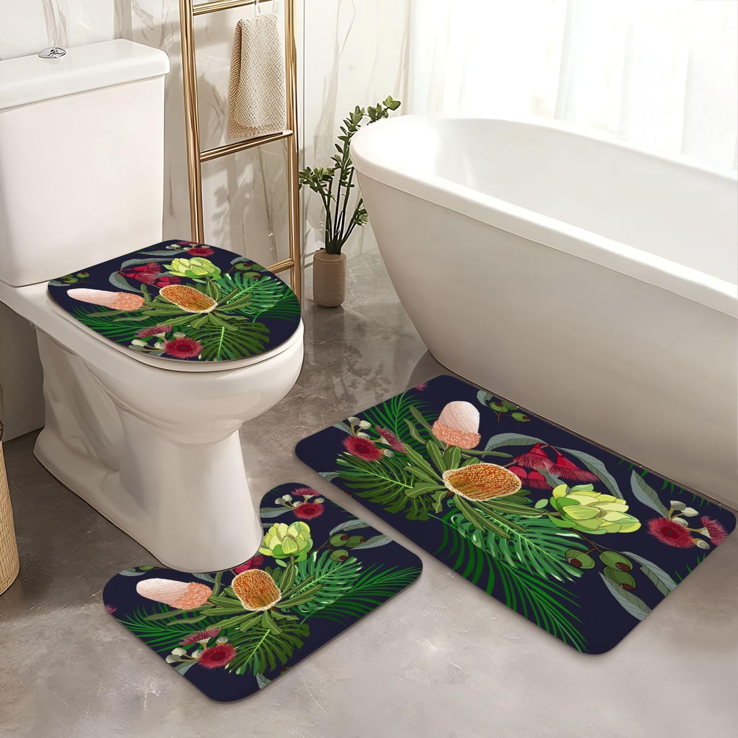 4 Pieces Shower Curtain Set with Rugs and Toilet Lid Cover