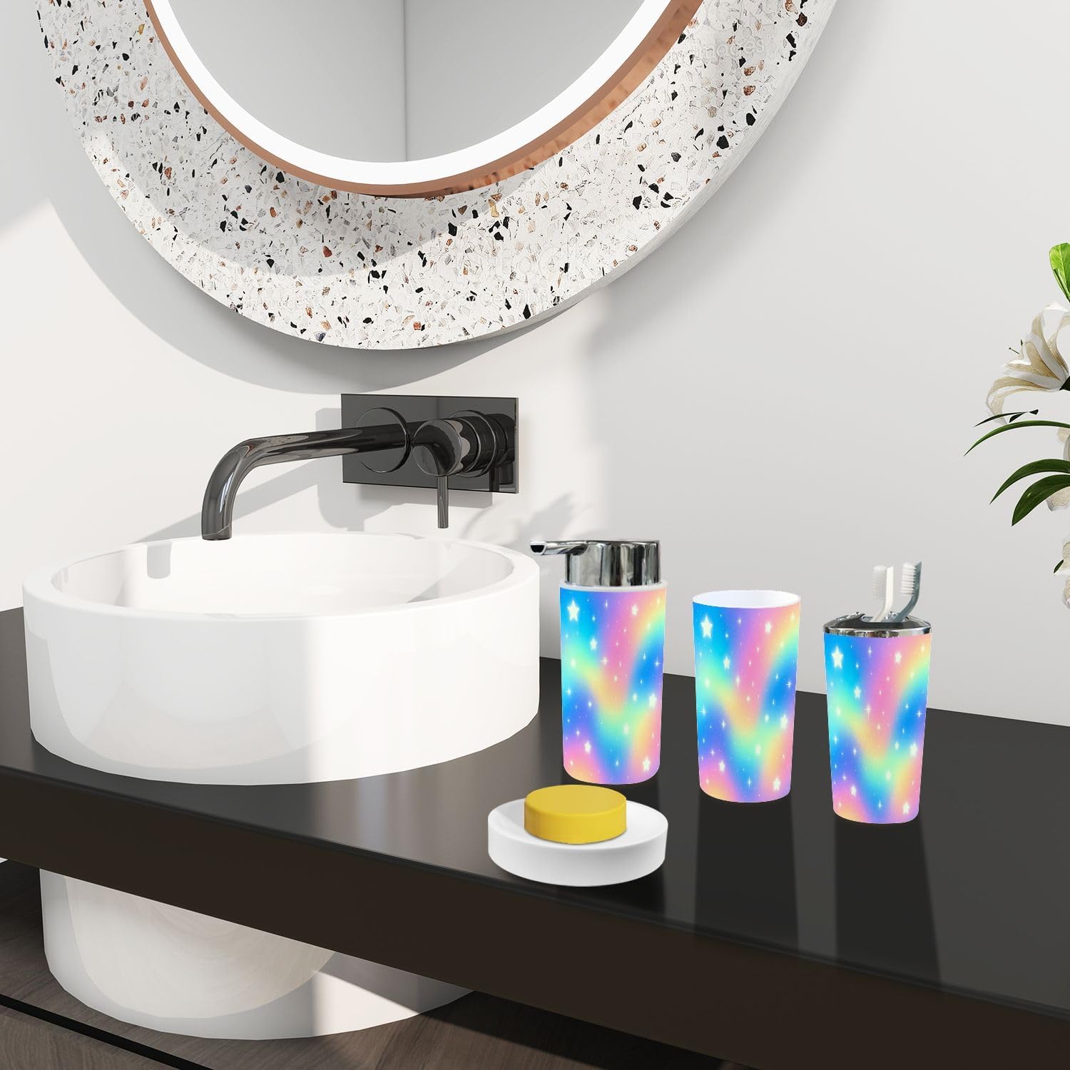 Boho Rainbow Glitter Stars Bathroom Accessories Set 6 Piece