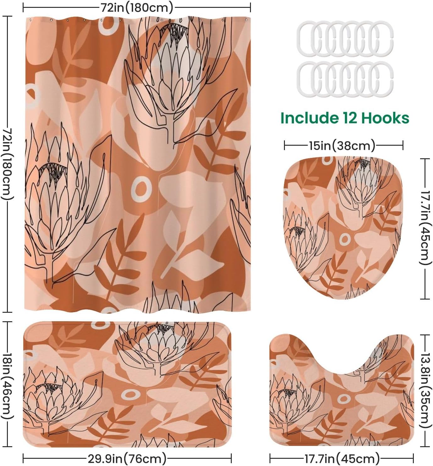 4 Piece Shower Curtain Set with Rugs and Mats Terracotta Pattern