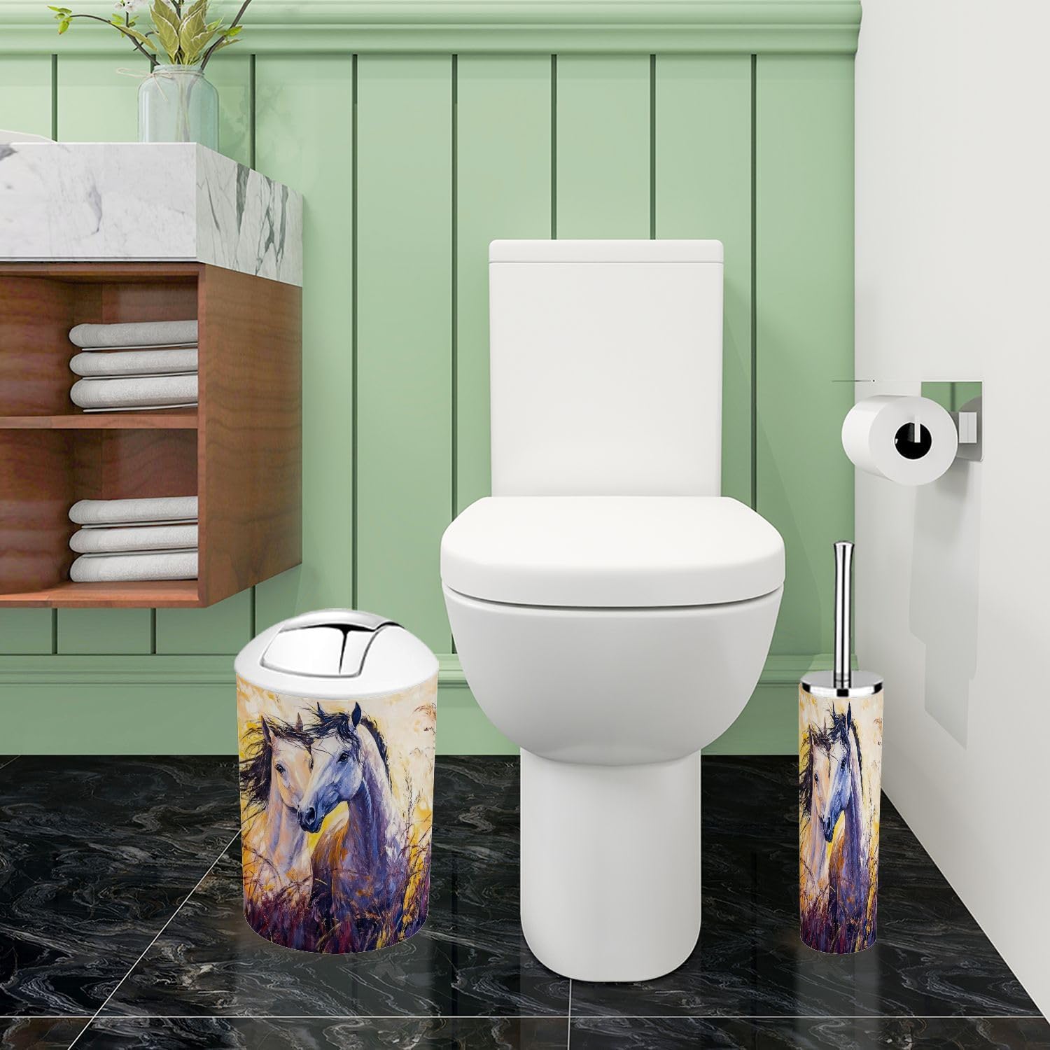 Boho Oil Canvas Horses Bathroom Accessory Set of 6