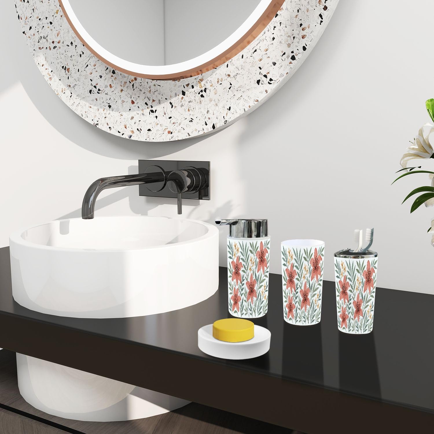 Boho Floral Bathroom Accessory Set 6 Piece 1
