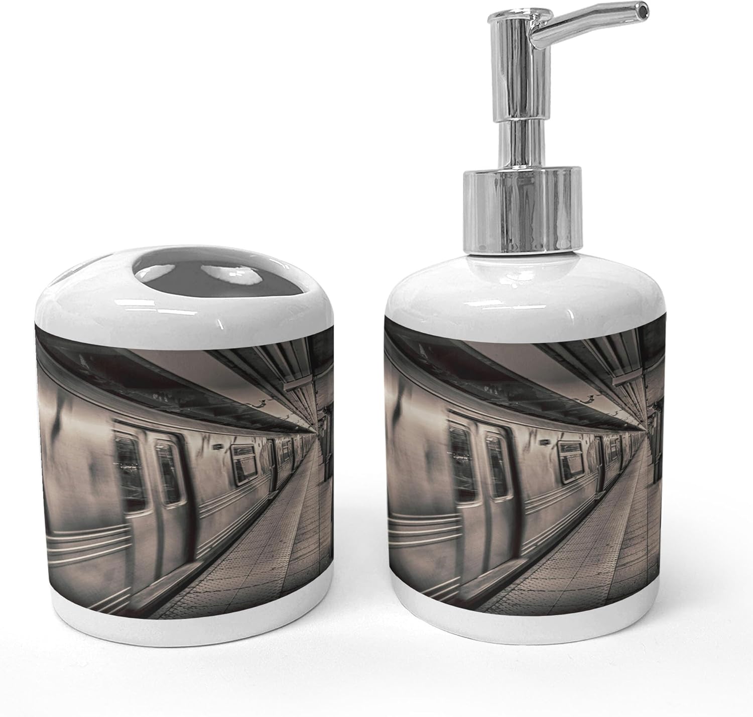 Ambesonne Subway Soap Toothbrush Holder Set Warm Taupe