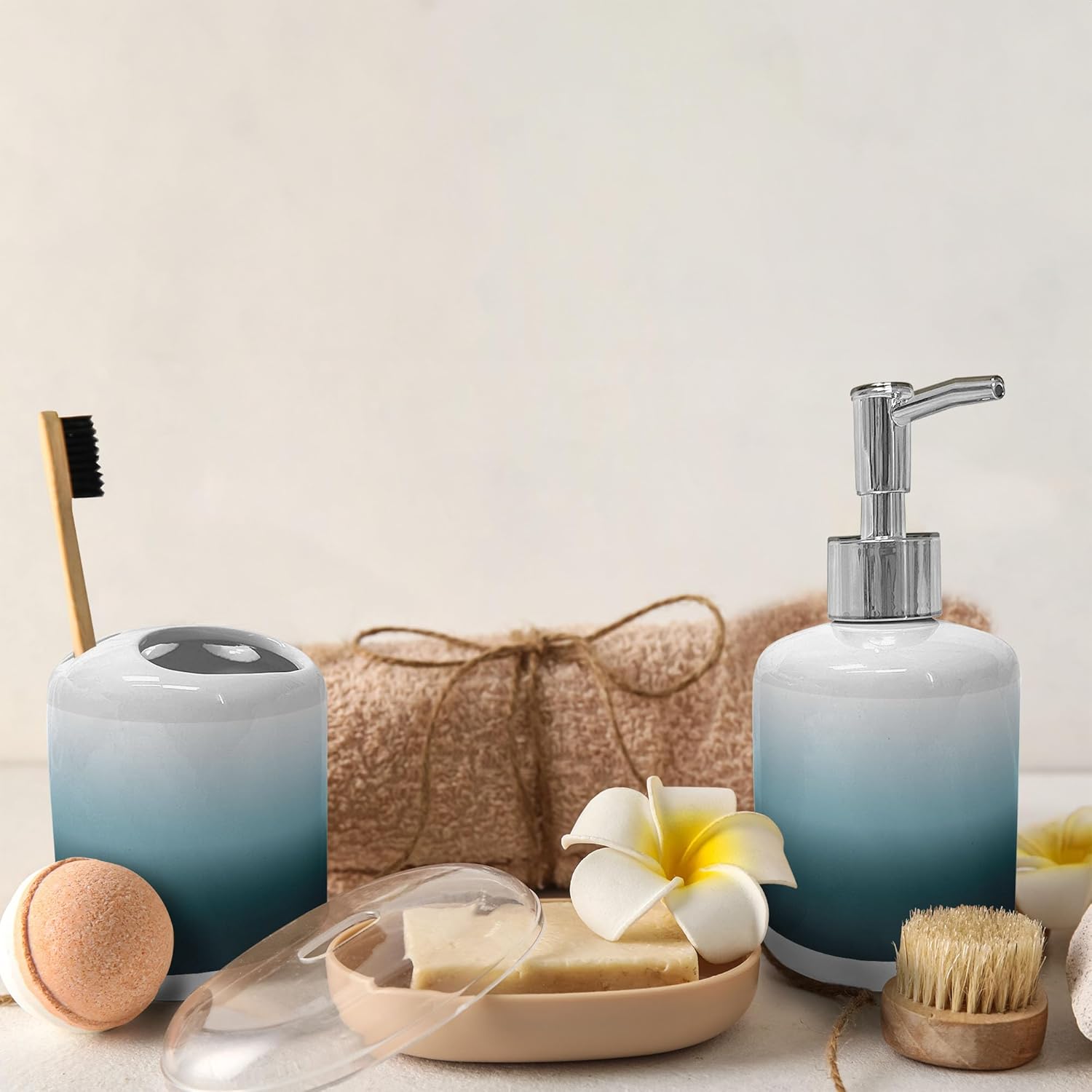 Ambesonne Ombre Soap Dispenser Toothbrush Holder Set 1