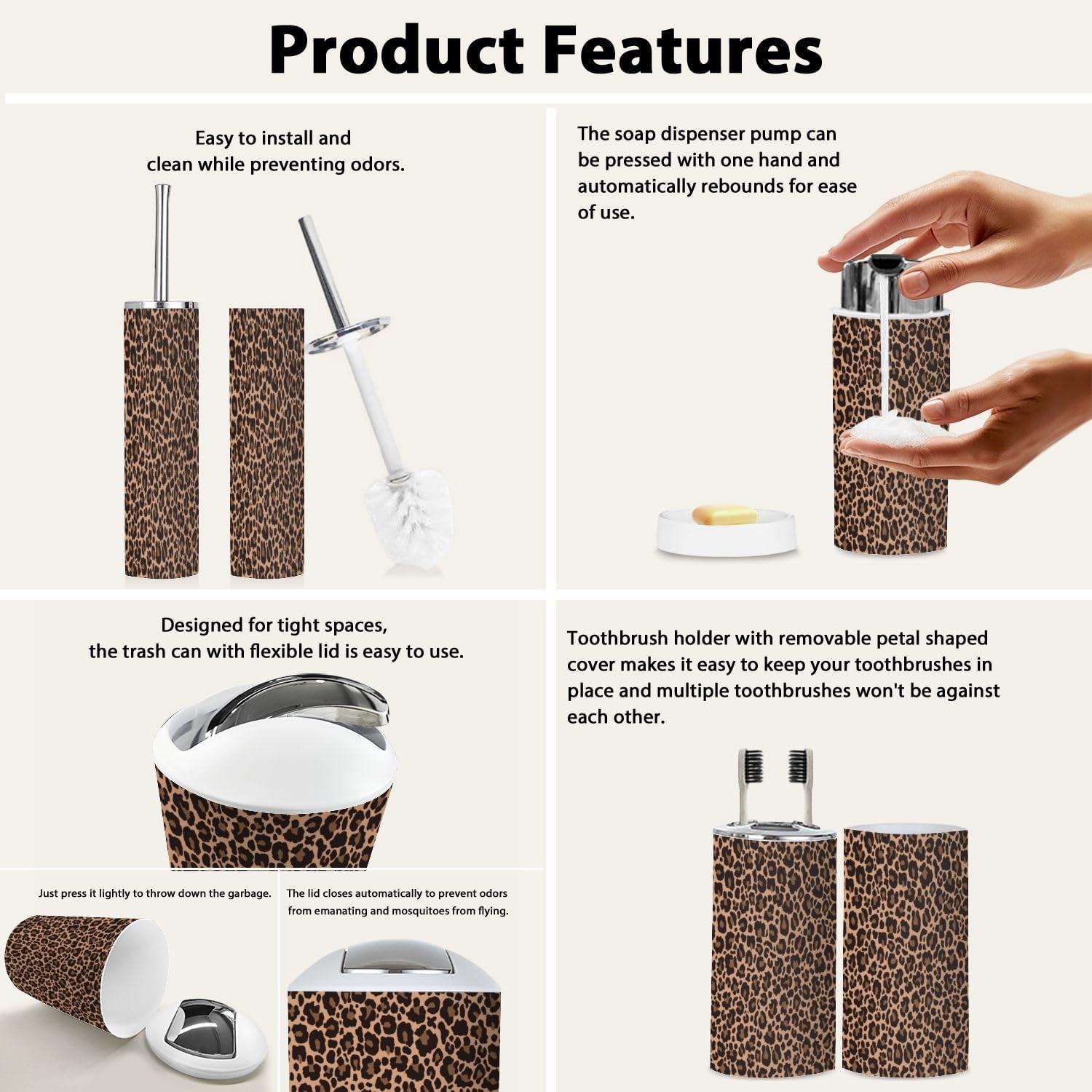 Boho Leopard Print Bathroom Accessory Set 6 Piece