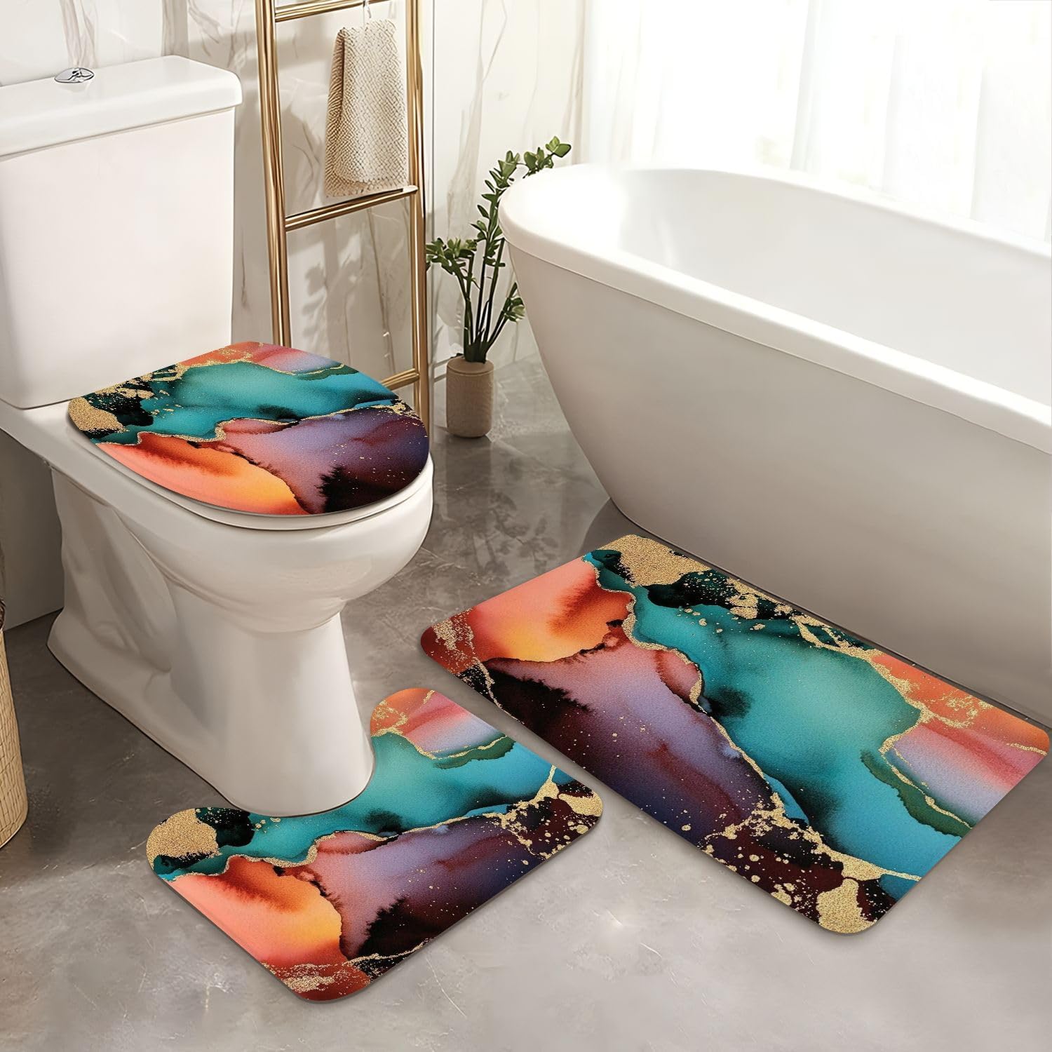 4 Pieces Shower Curtain Set with Rugs and Mat