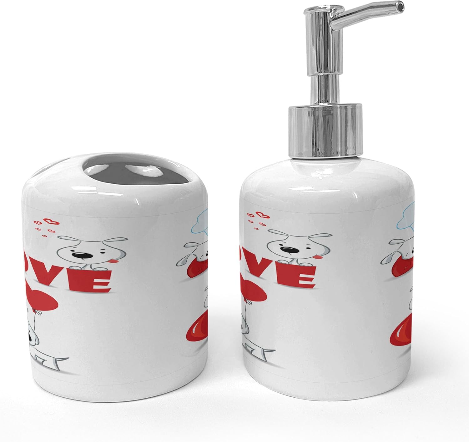 Ambesonne Funny Dog Heart Soap Dispenser Toothbrush Holder Set 2 Pcs Red White