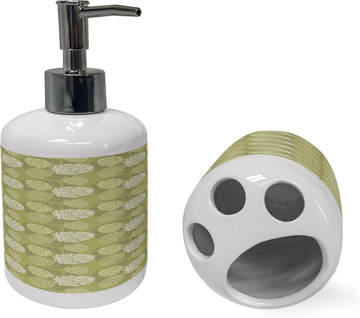 Ambesonne Ceramic Soap Dispenser Toothbrush Holder Set 2 Pcs Jungle Forest Design