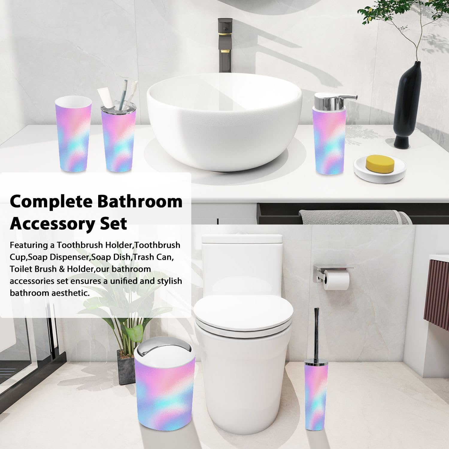 Boho Pastel Iridescent Rainbow Trash Can Set