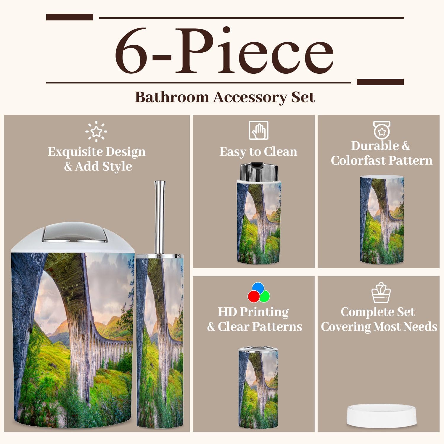 6 Piece Bathroom Accessories Set Glenfinnan Viaduct Decor
