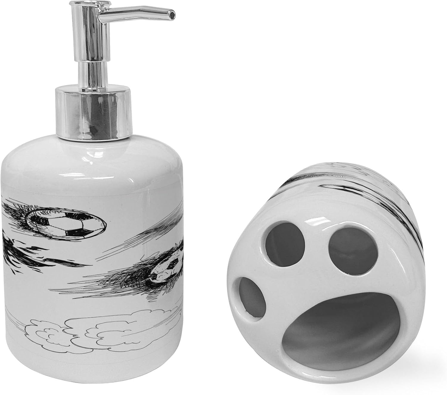 Ambesonne Soccer Soap Dispenser Toothbrush Holder Set