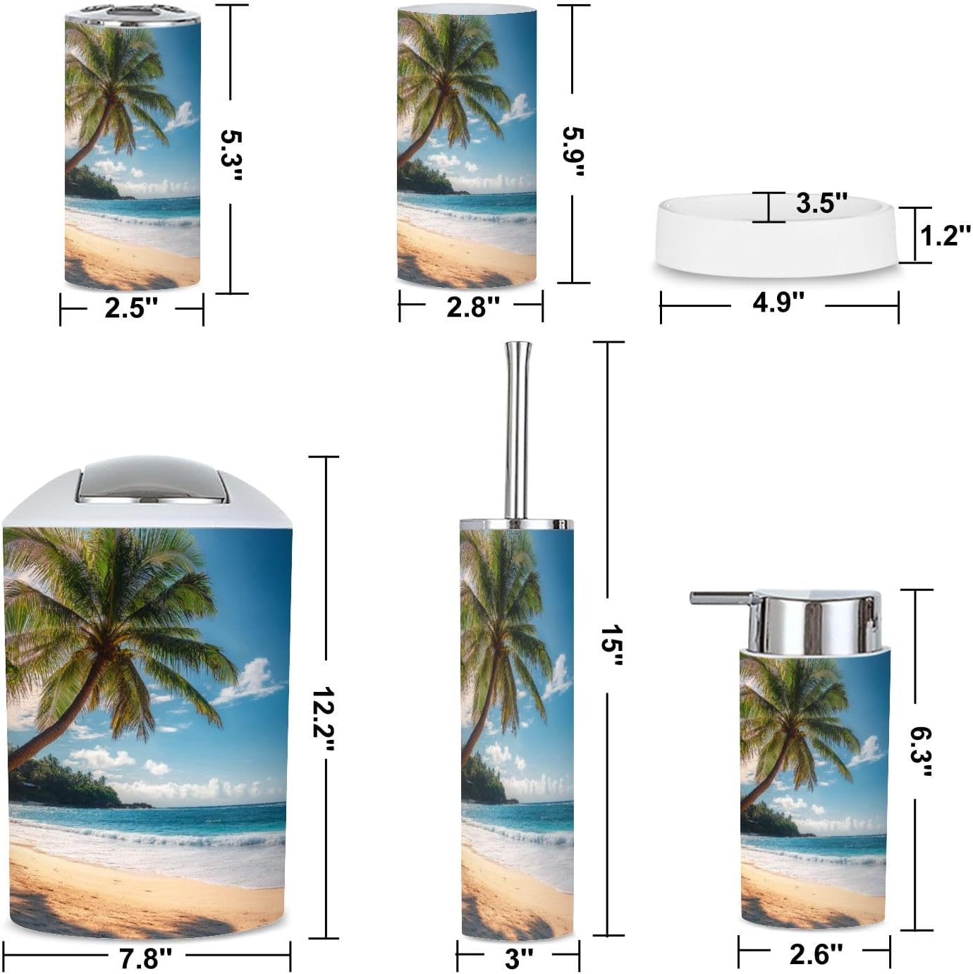 6 Piece Bathroom Accessories Set with Palm Trees Design 1