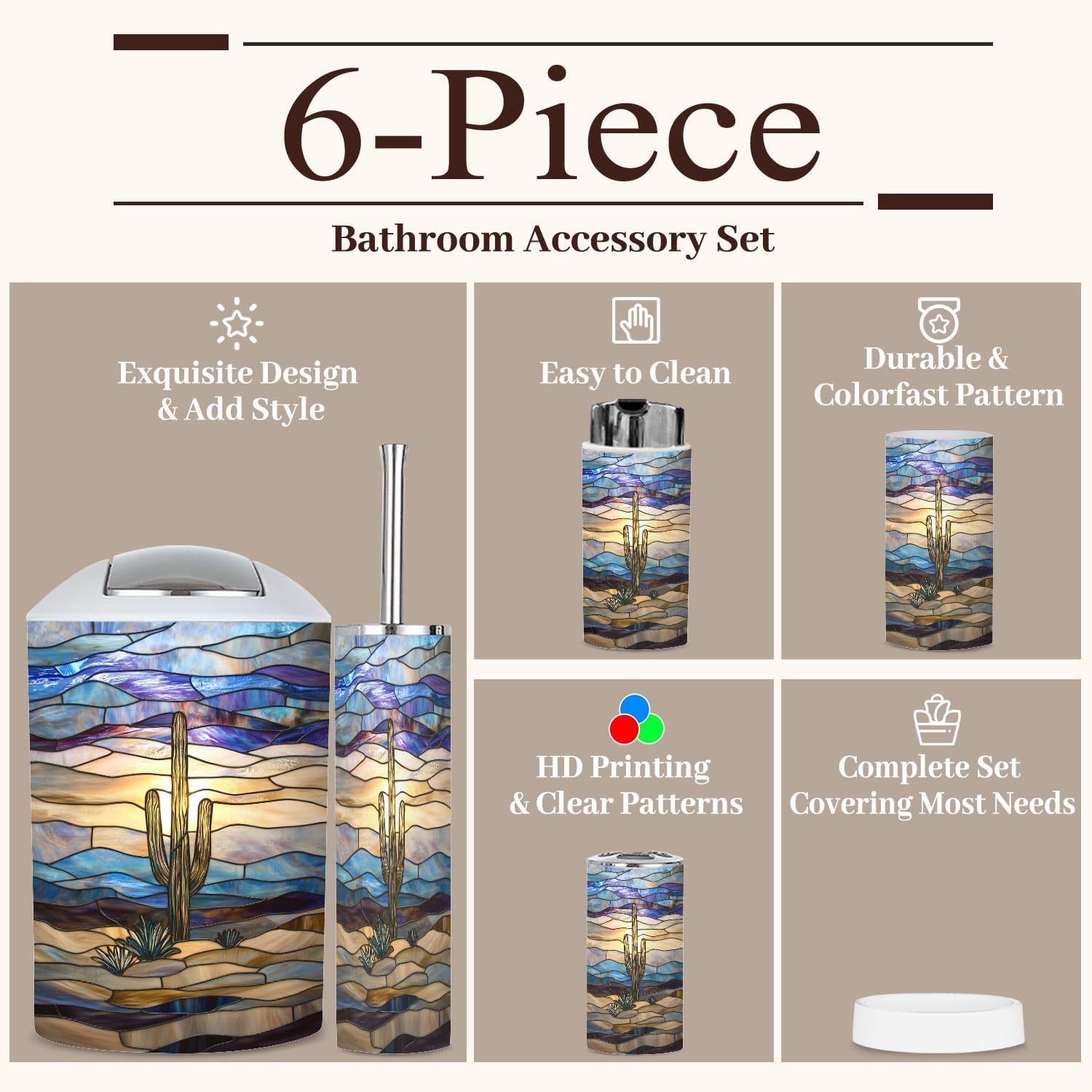 6 Piece Bathroom Accessories Set with Desert Landscape Cactus Design