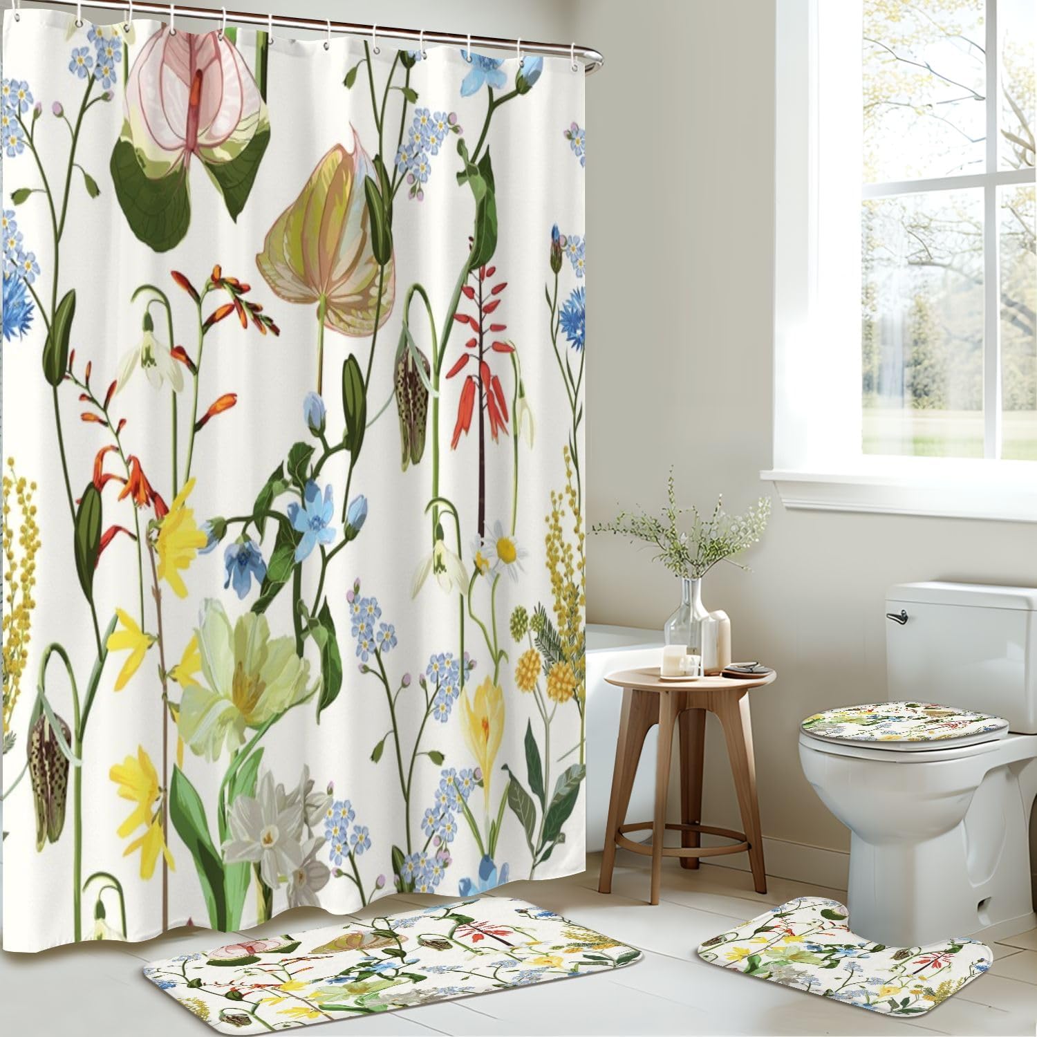 4 Piece Shower Curtain Set with Rugs Mats and Non-Slip Design 1
