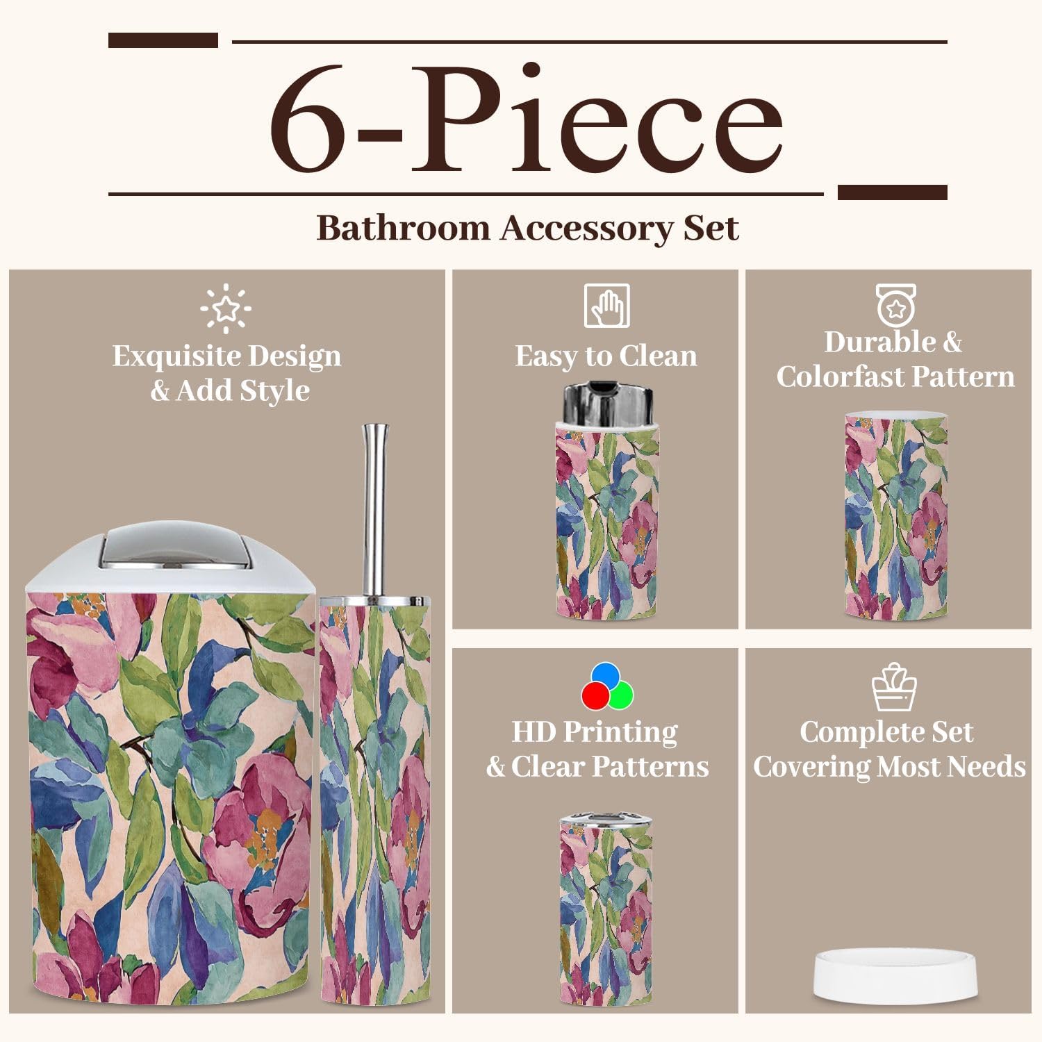 6-Piece Boho Bathroom Accessories Set with Tropical Flowers