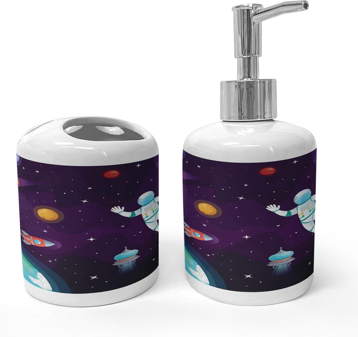 Ambesonne Universe Soap Dispenser Toothbrush Holder Set Ceramic Dark Purple
