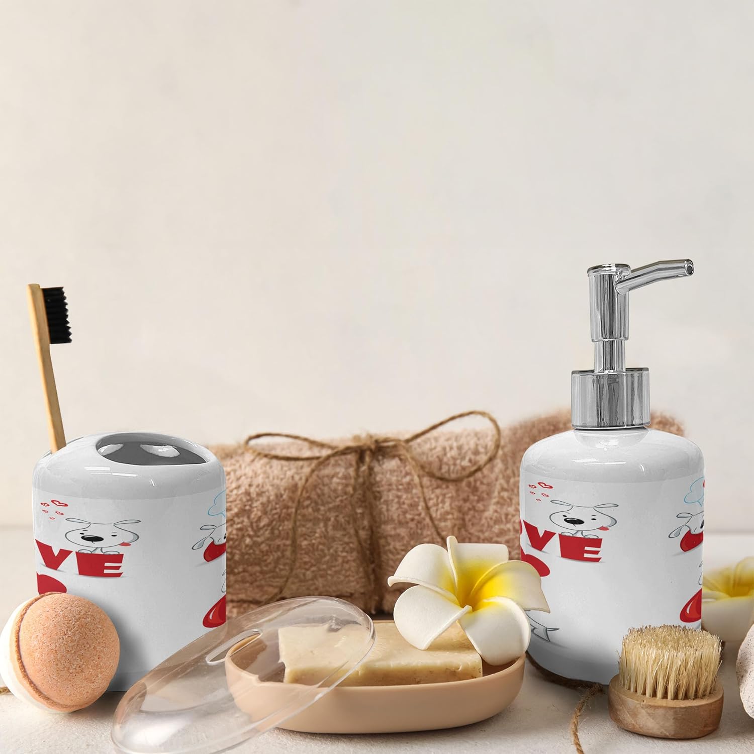 Ambesonne Funny Dog Heart Soap Dispenser Toothbrush Holder Set 2 Pcs Red White