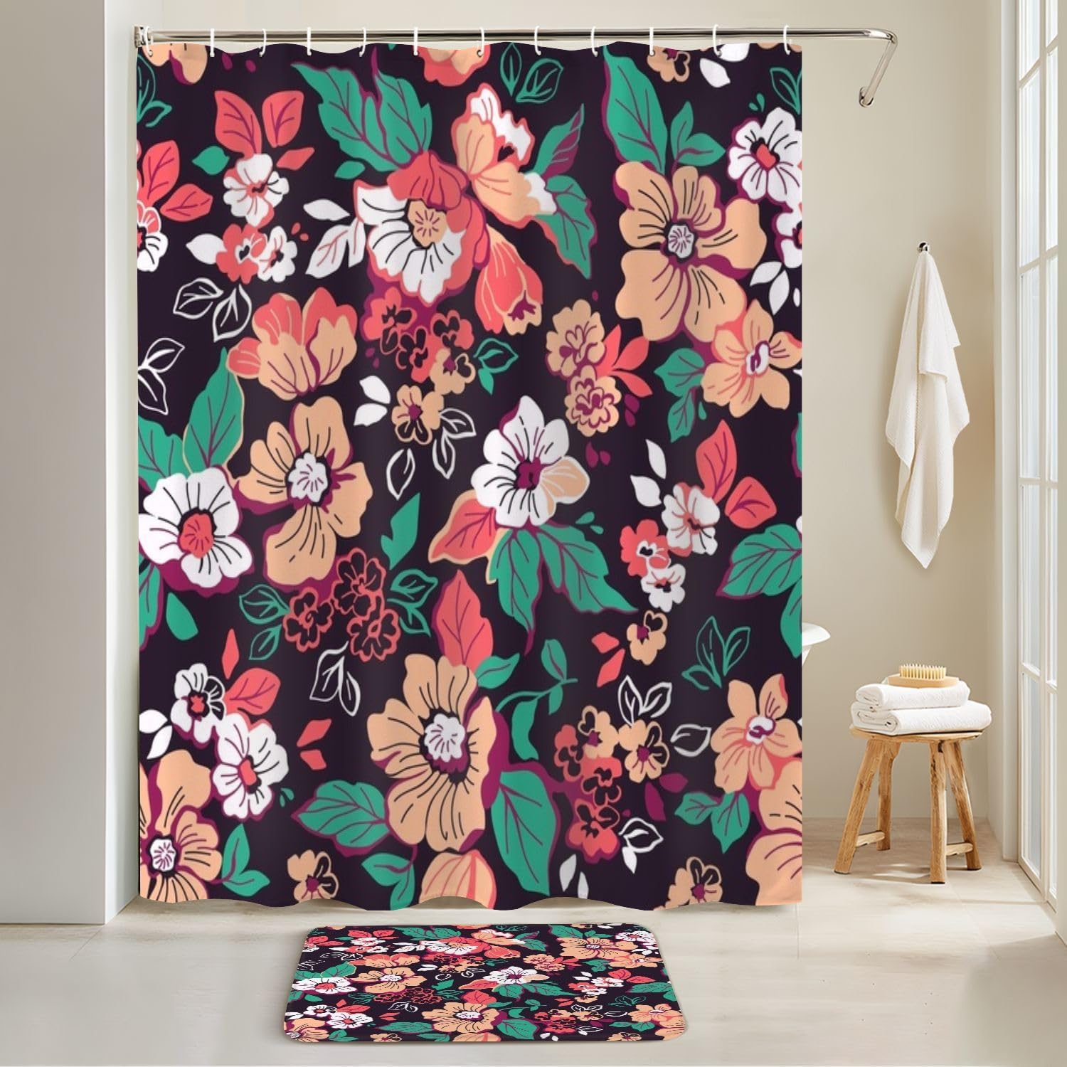 4 Piece Shower Curtain Set with Rugs Mats and Floral Pattern