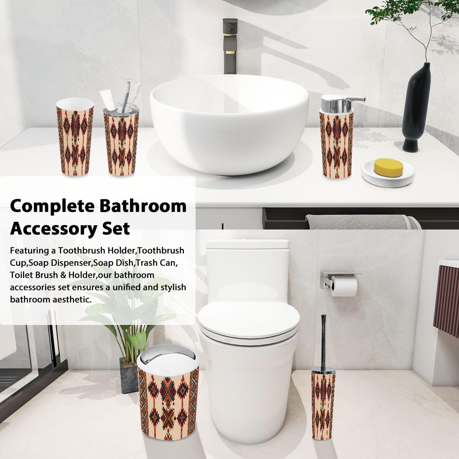Boho Navajo Tribal Bathroom Accessory Set 6 Piece
