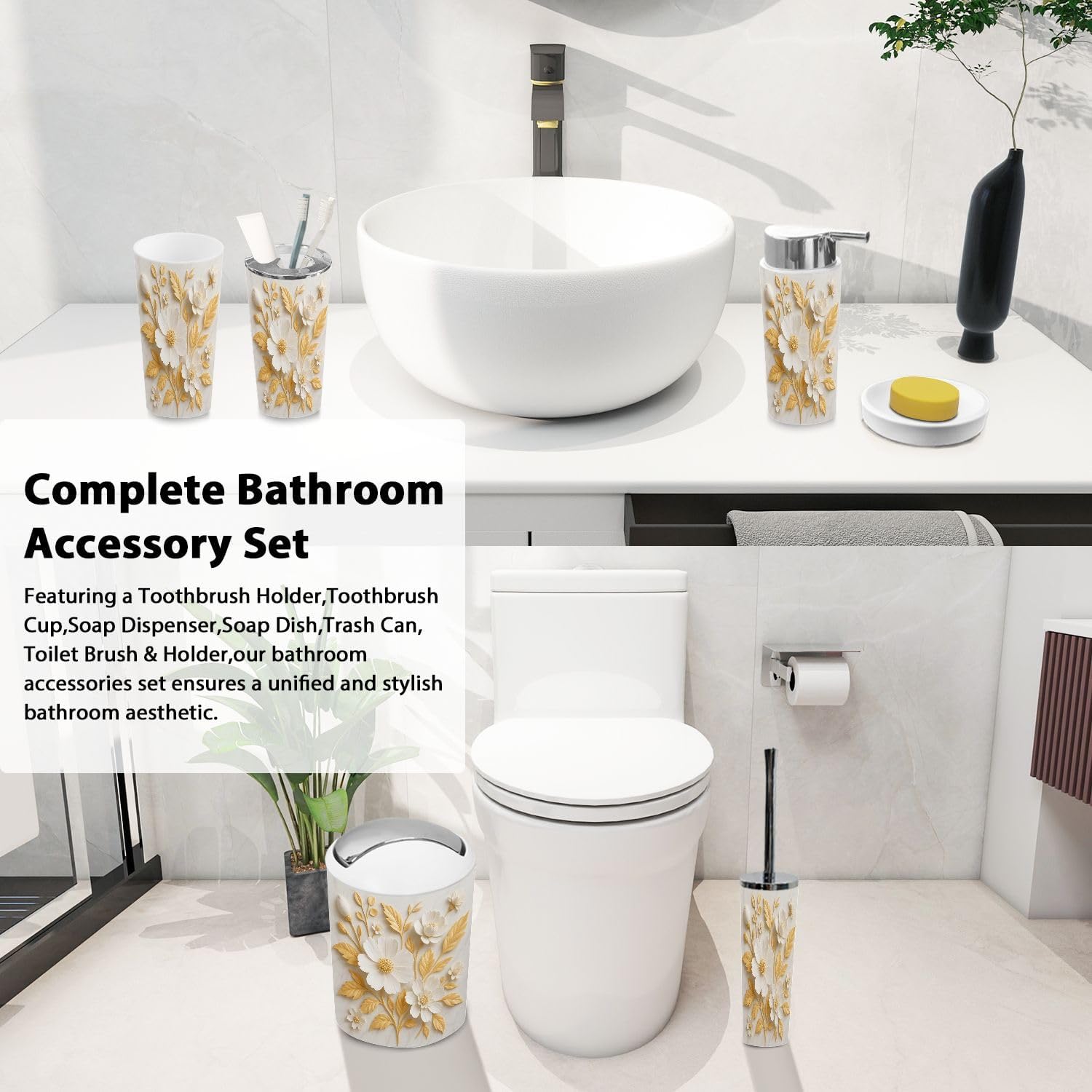Boho White Gold 3D Flowers Bathroom Accessory Set 6 Piece