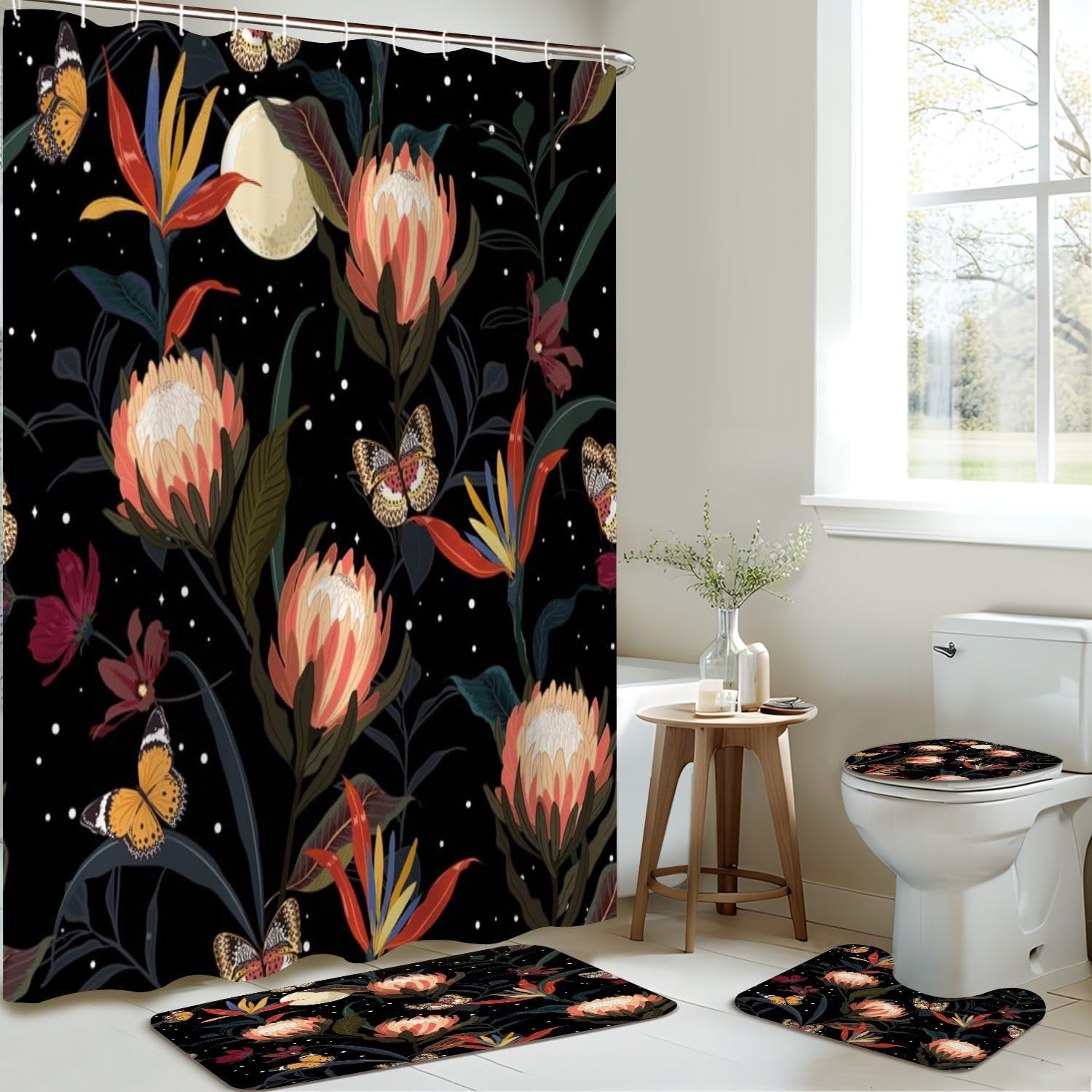 4 Piece Shower Curtain Set with Rugs and Night Stars Pattern