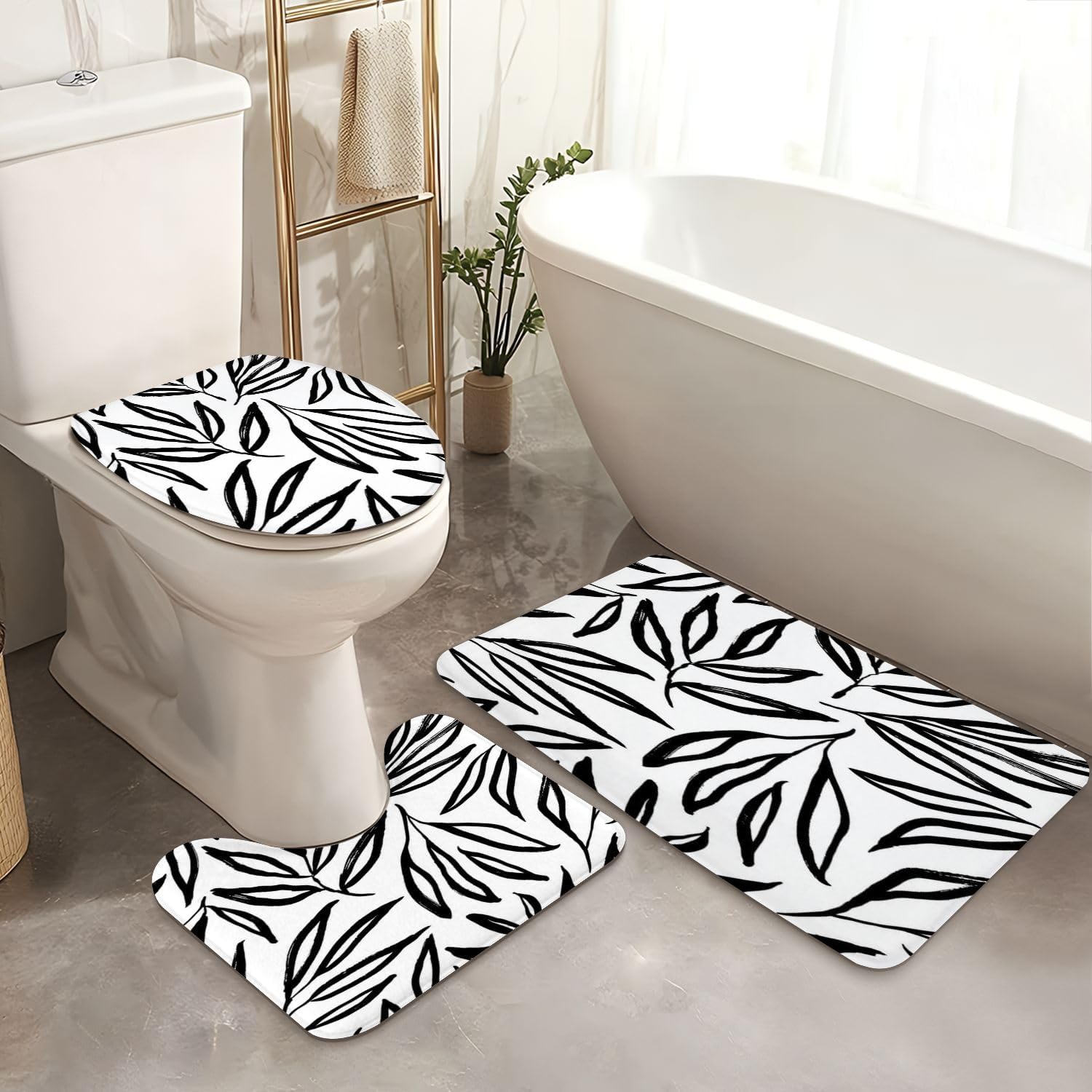 4 Piece Shower Curtain Set with Rugs Mats and Lid Cover
