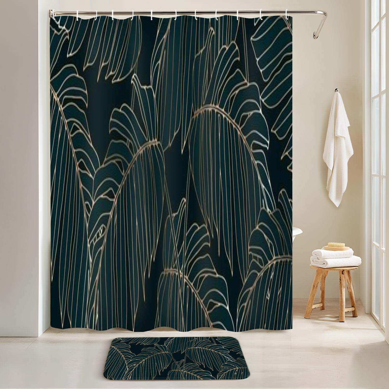 JCOOKLOFTS 4 Piece Shower Curtain Set with Rugs and Accessories