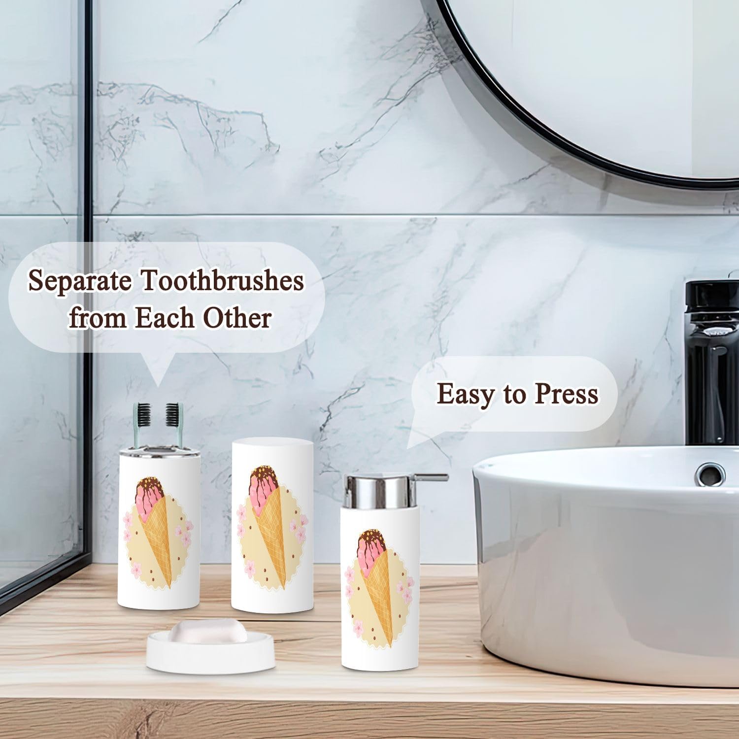 Modern 6-Piece Bathroom Accessories Set with Ice Cream Cone Design