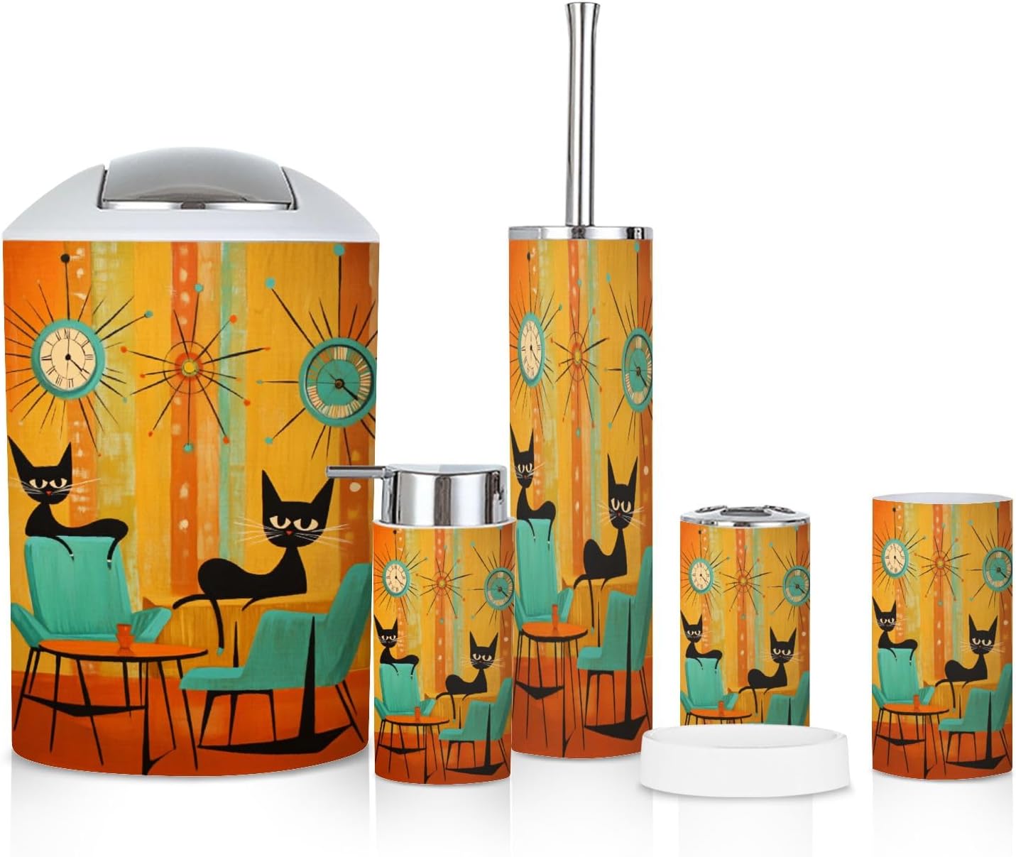 Retro Cats Bathroom Accessories Set 6 Piece 1