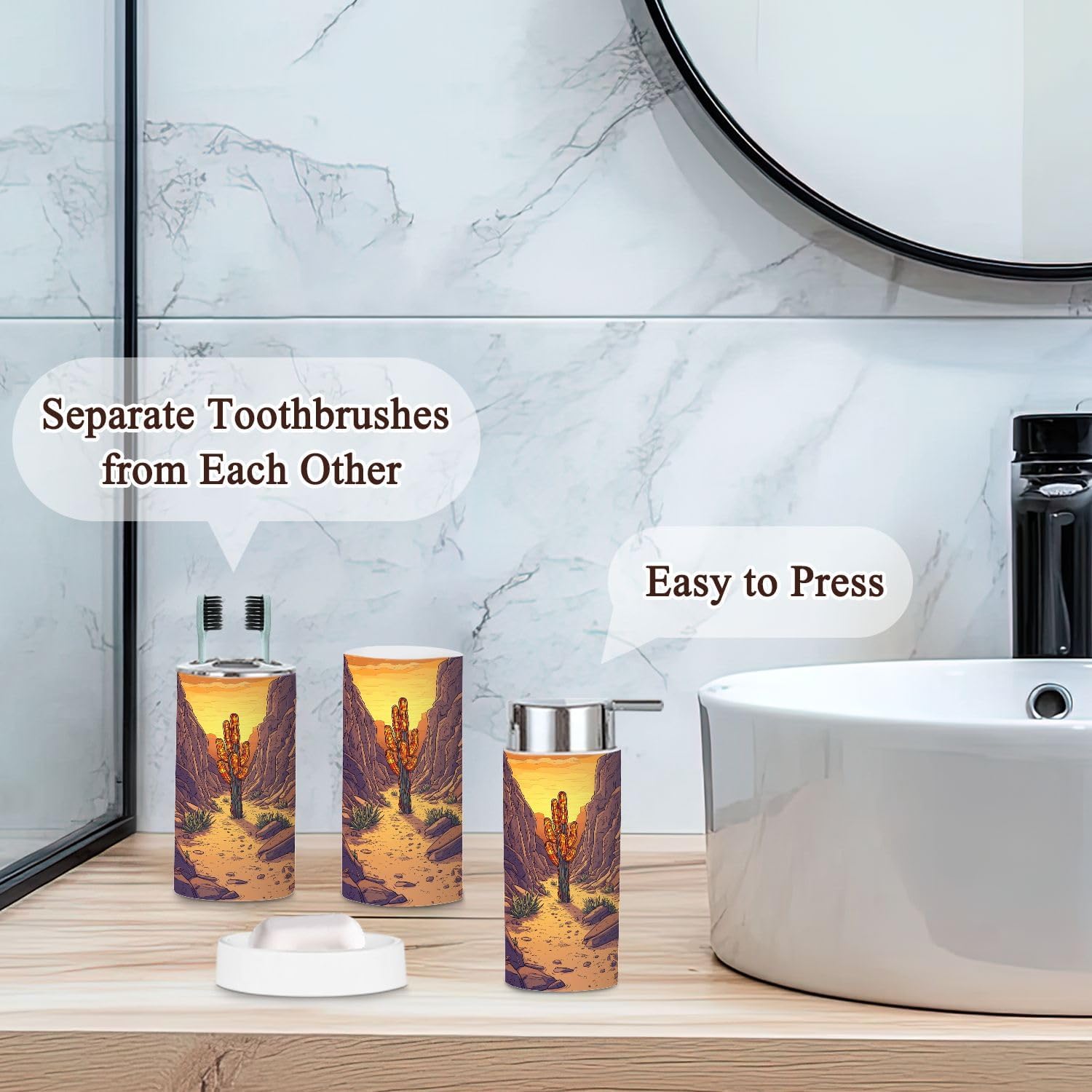 6 Piece Boho Bathroom Accessories Set with Cactus Stained Glass Design
