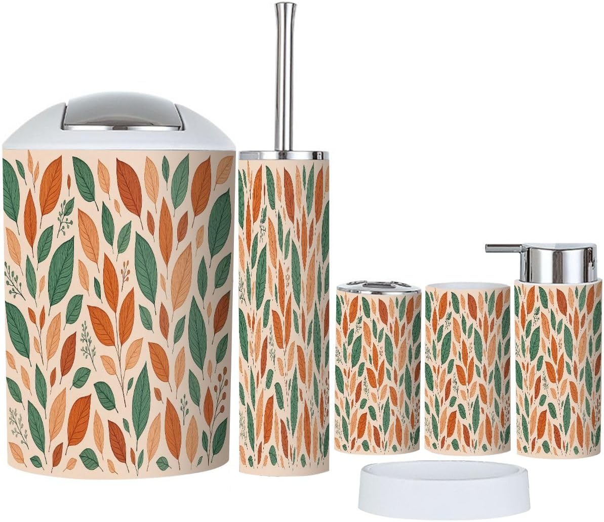 Boho Abstract Leaves Bathroom Accessory Set 6 Piece