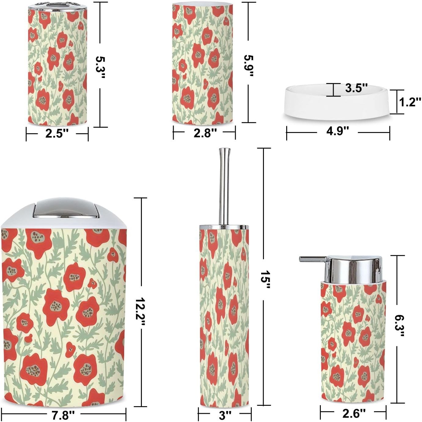 6 Piece Boho Bathroom Accessories Set with Flowers Abstract Design