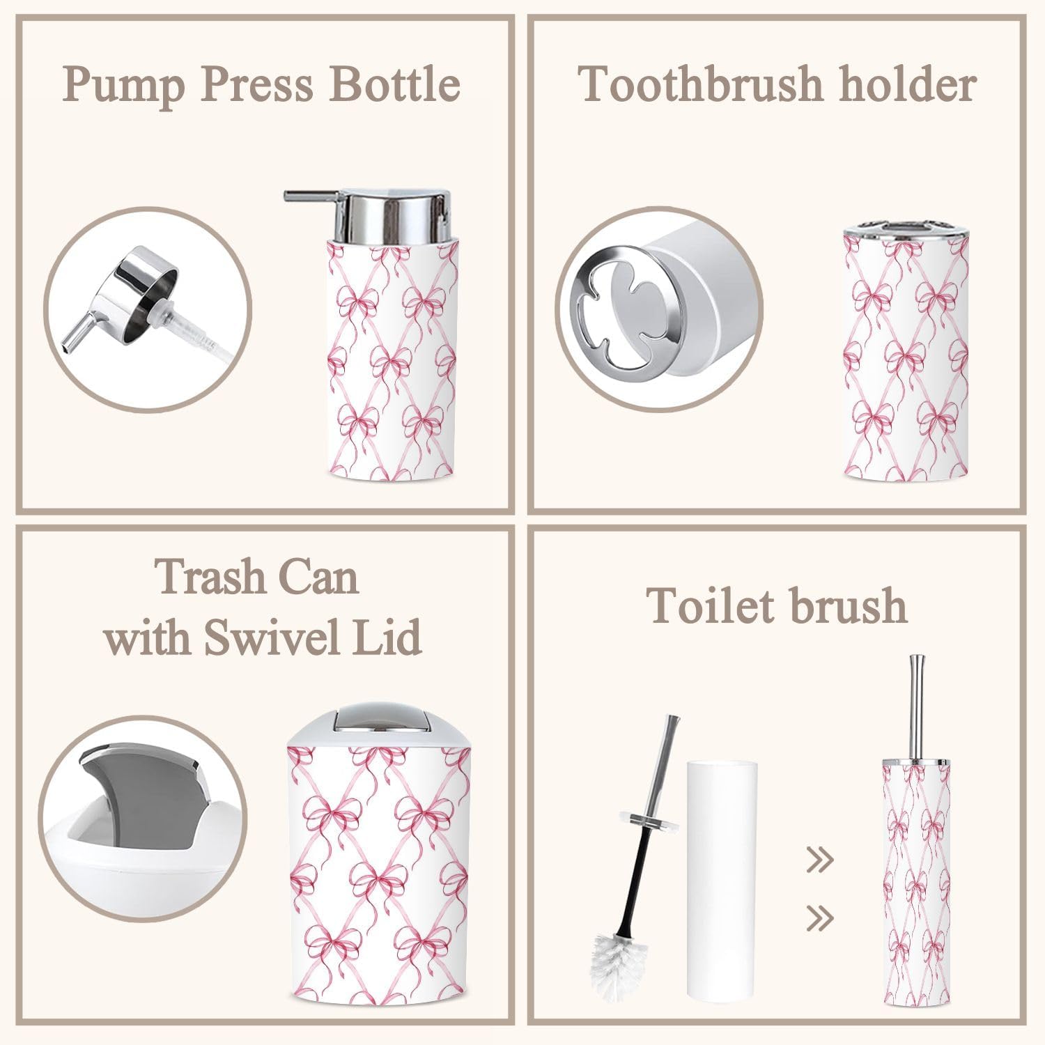 6 Piece Bathroom Accessories Set with Pink Ribbons