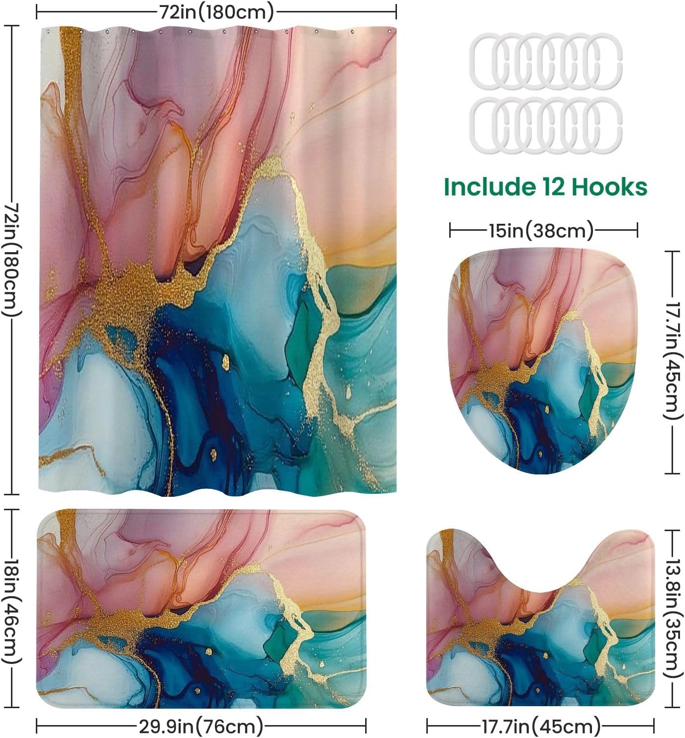 4 Piece Shower Curtain Set with Non-Slip Mats