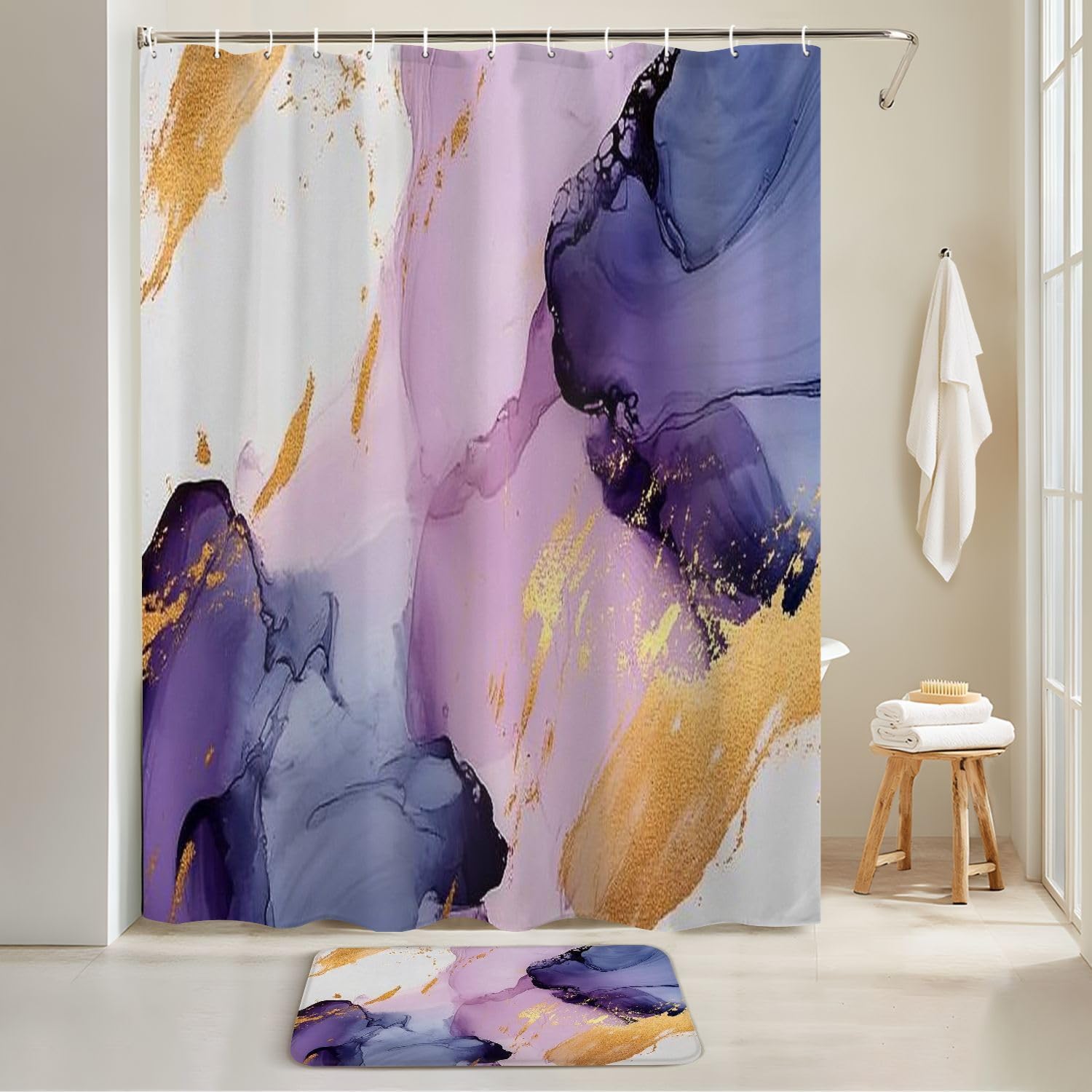 4 Piece Shower Curtain Set with Rugs and Toilet Lid Cover Mat