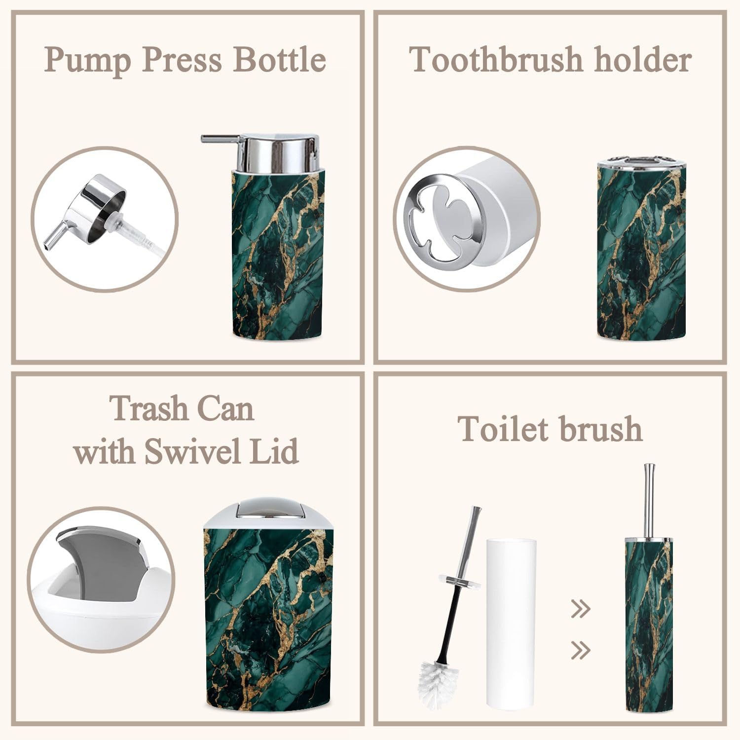 6 Piece Bathroom Accessories Set Green Gold Marble Look 1