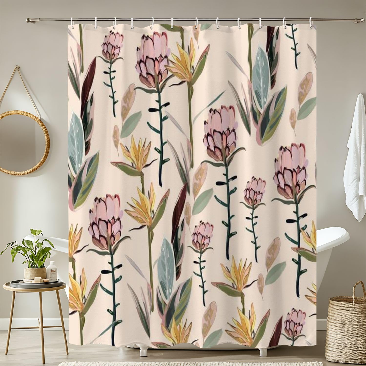 4 Piece Shower Curtain Set with Rugs Mats and Toilet Lid Cover