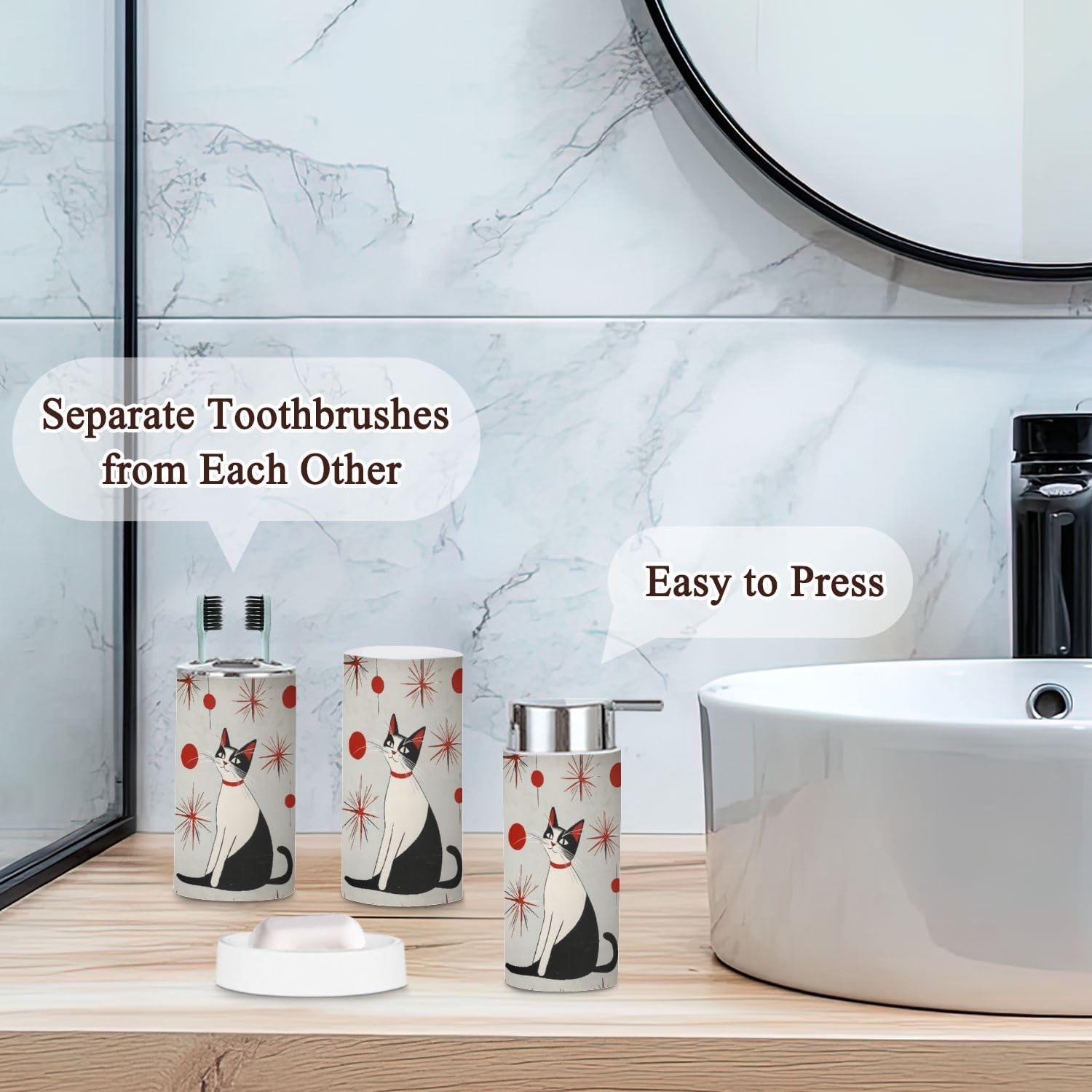 6 Piece Bathroom Accessories Set with Cats Print 1