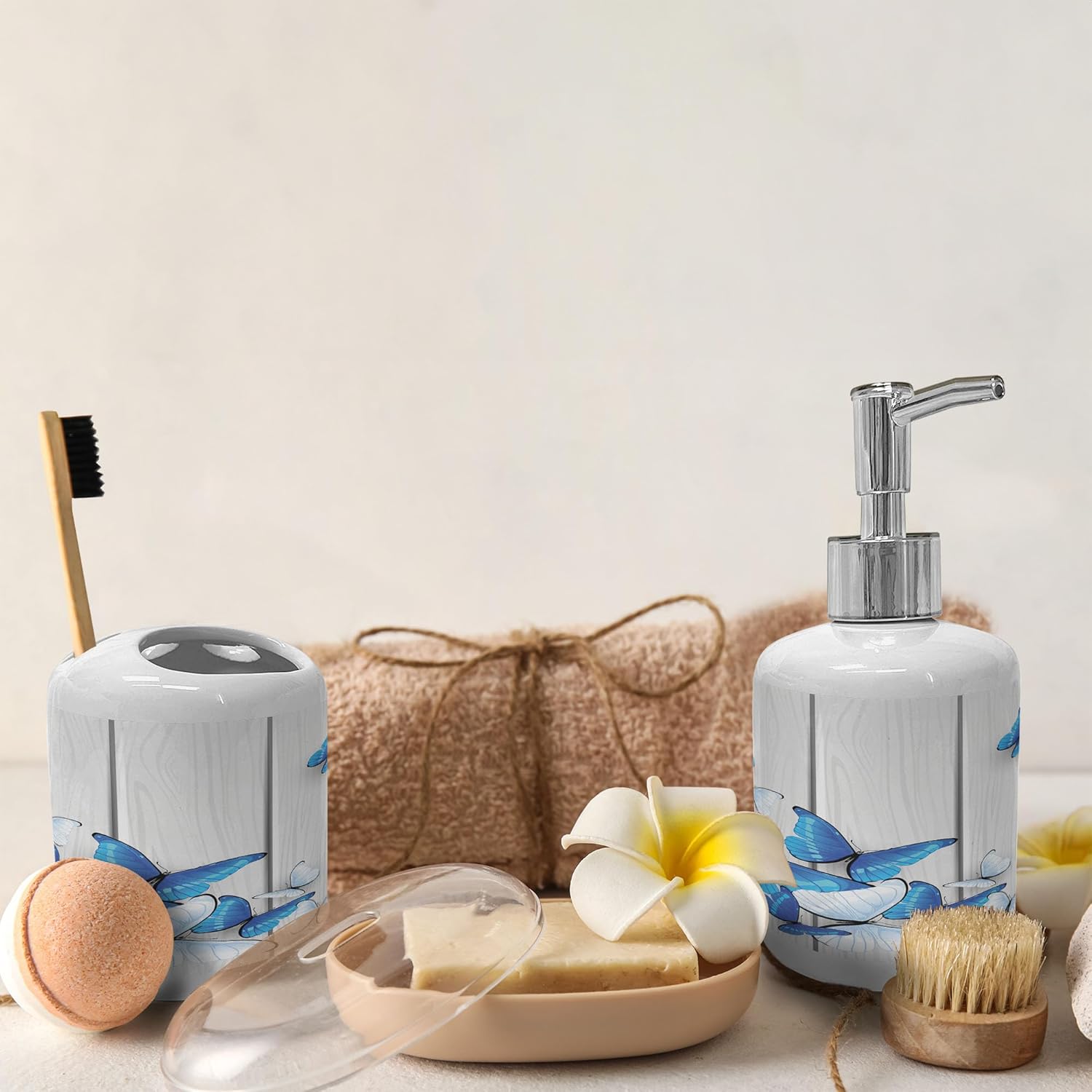 Ambesonne Ceramic Soap Toothbrush Holder Set Blue White Butterflies