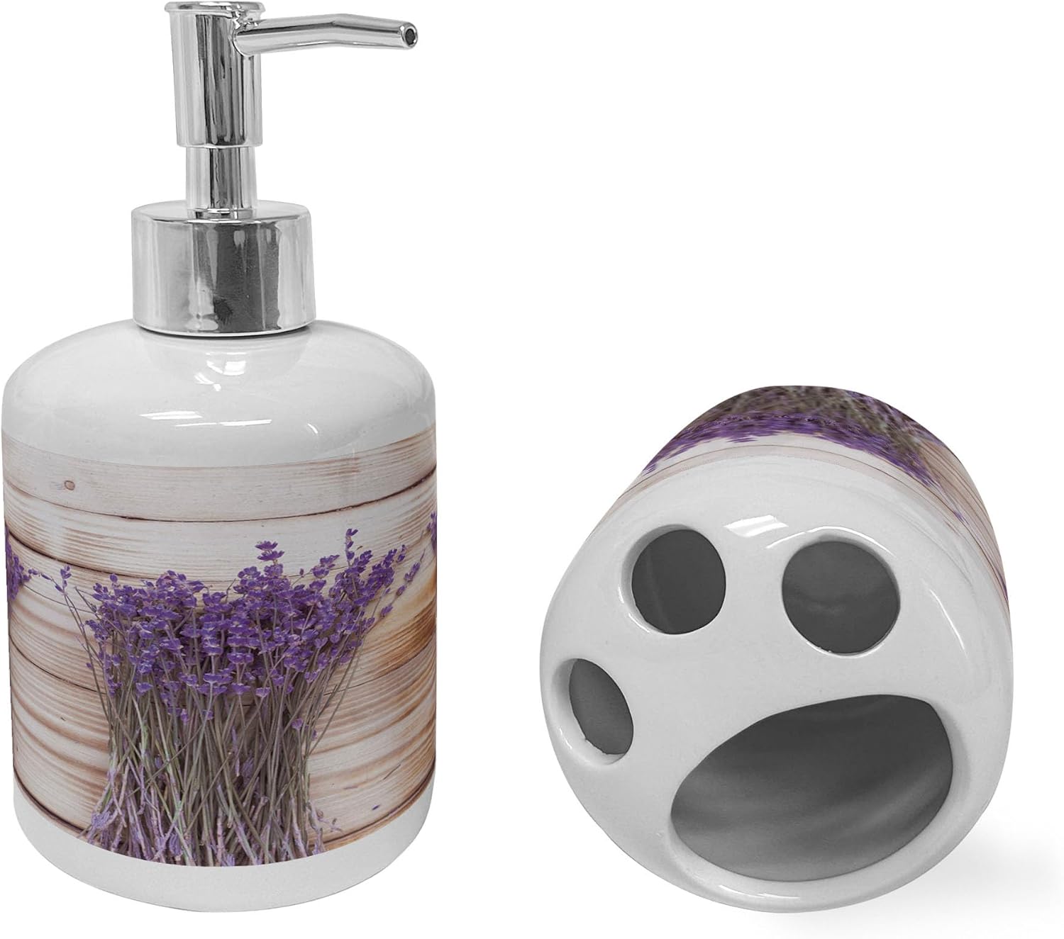 Ambesonne Ceramic Soap Toothbrush Holder Set 2 Pcs Blue Violet and Warm Taupe