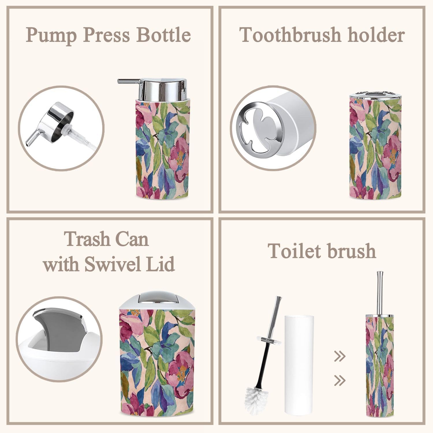 6-Piece Boho Bathroom Accessories Set with Tropical Flowers