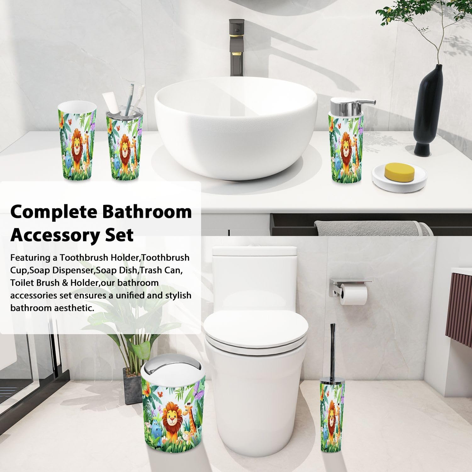 Bathroom Accessory Set 6 Piece for Kids Jungle Animals
