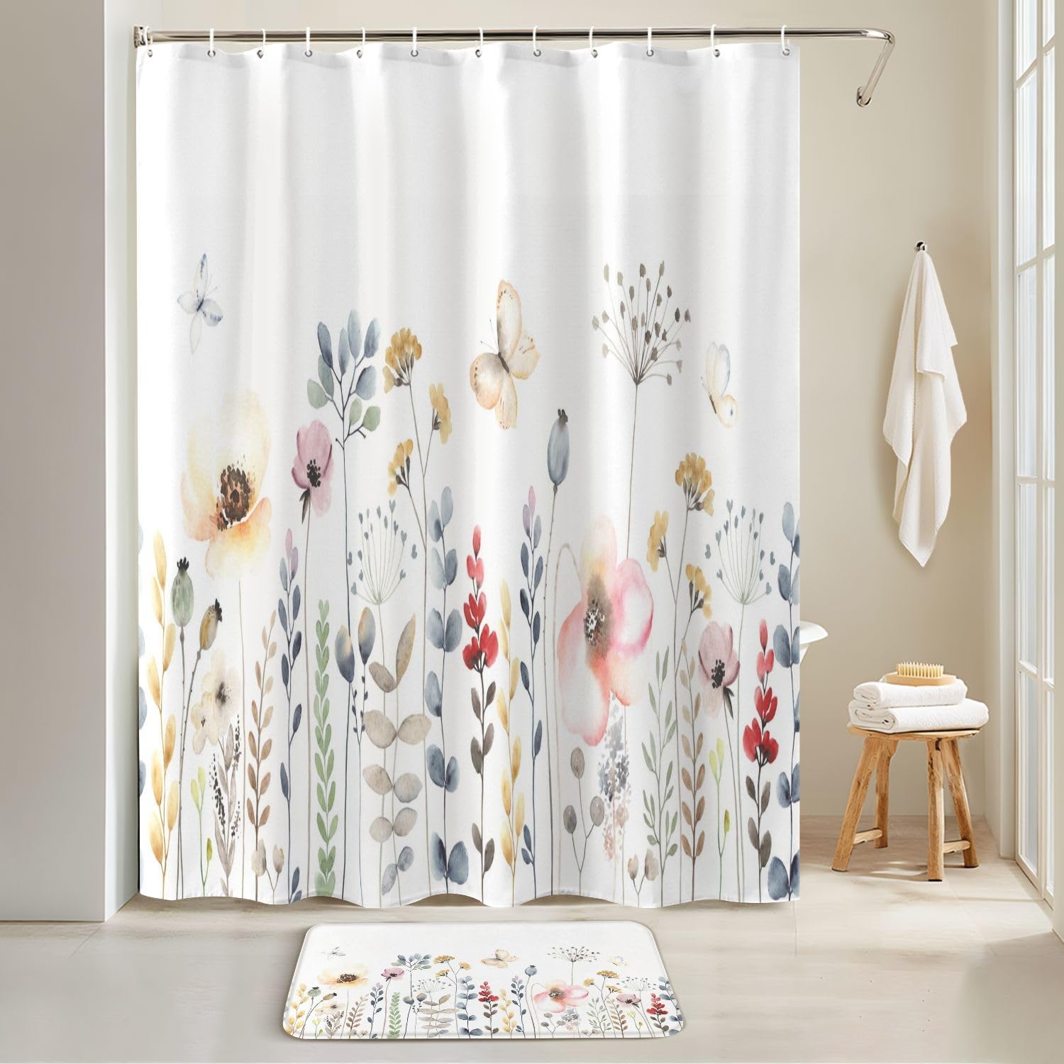 JCOOKLOFTS 4 Piece Shower Curtain Set with Rugs