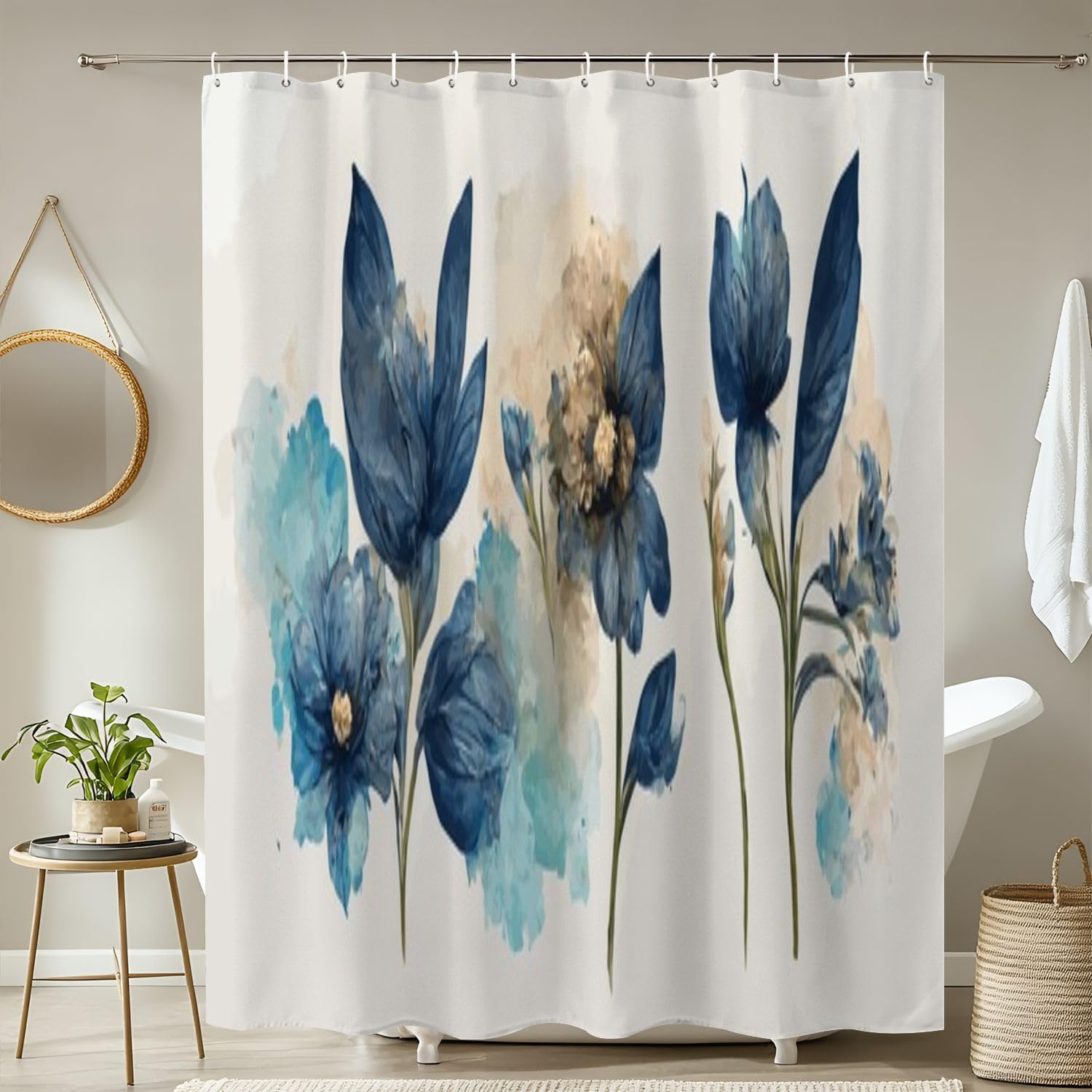 4 Piece Shower Curtain Set with Blue Flowers Design