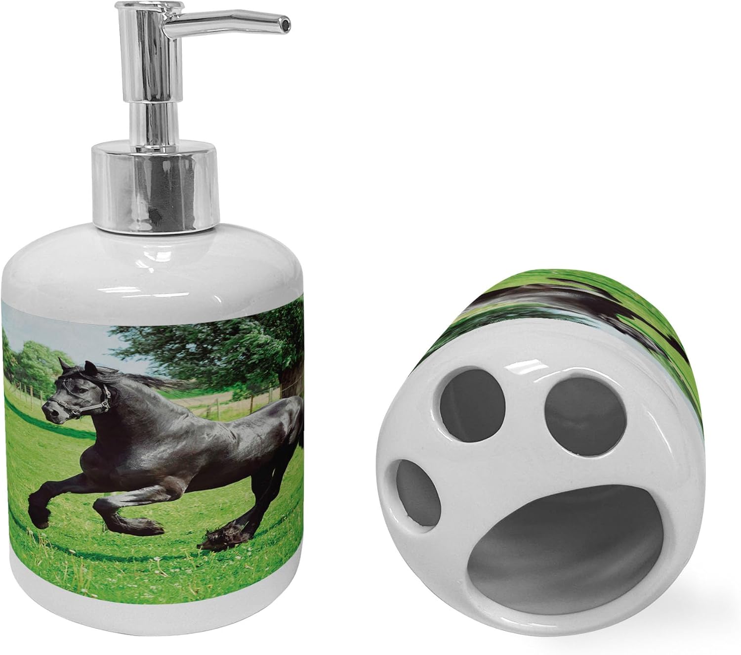 Ambesonne Horses Soap Dispenser Toothbrush Holder Set 2 Pcs Black Green 1