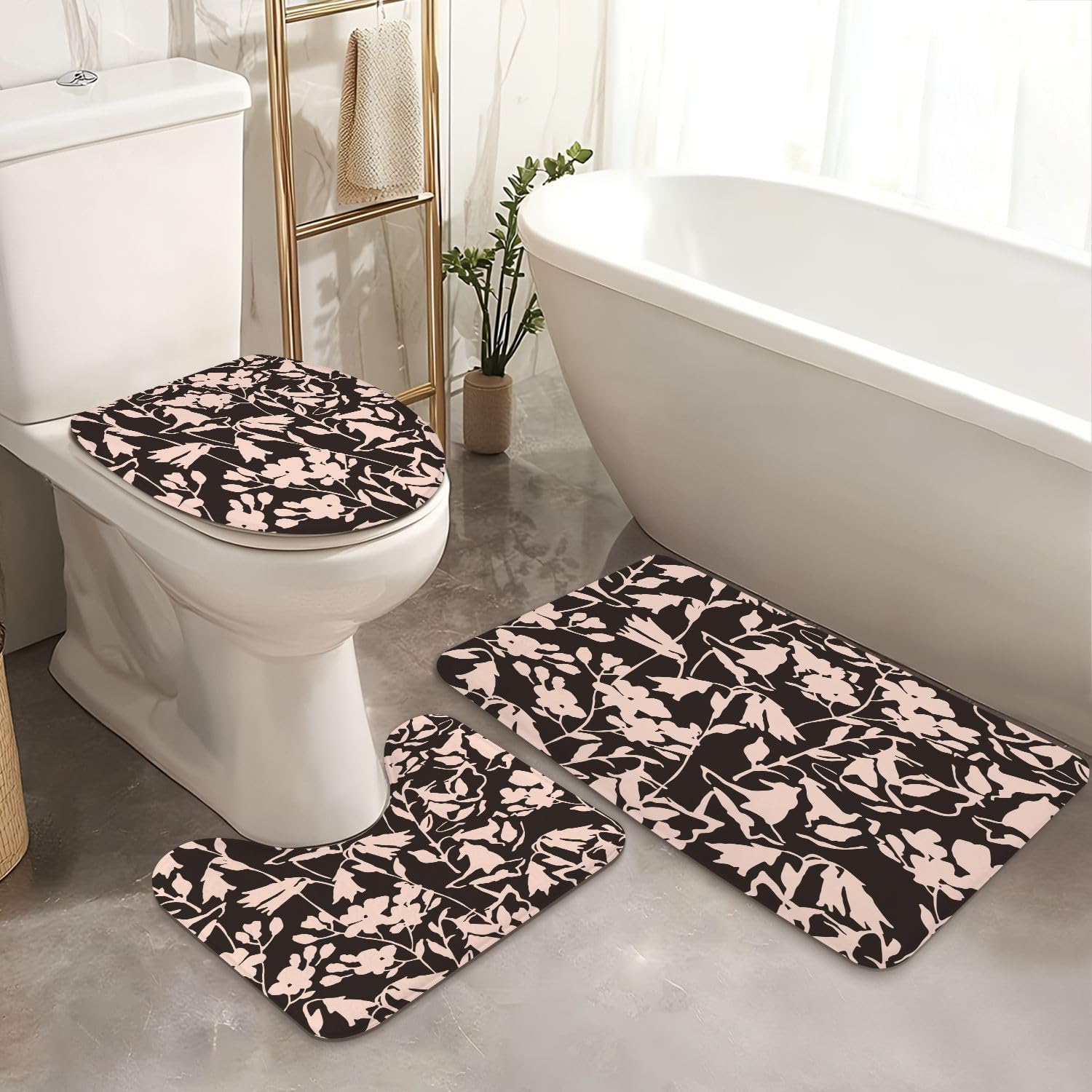 4 Piece Shower Curtain Set with Floral Pattern