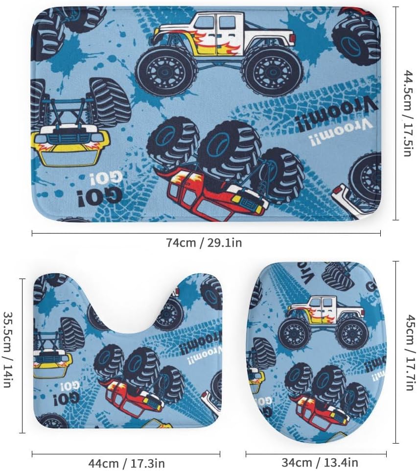 Kuizee 4-Piece Monster Truck Shower Curtain Set with Rugs and 12 Hooks